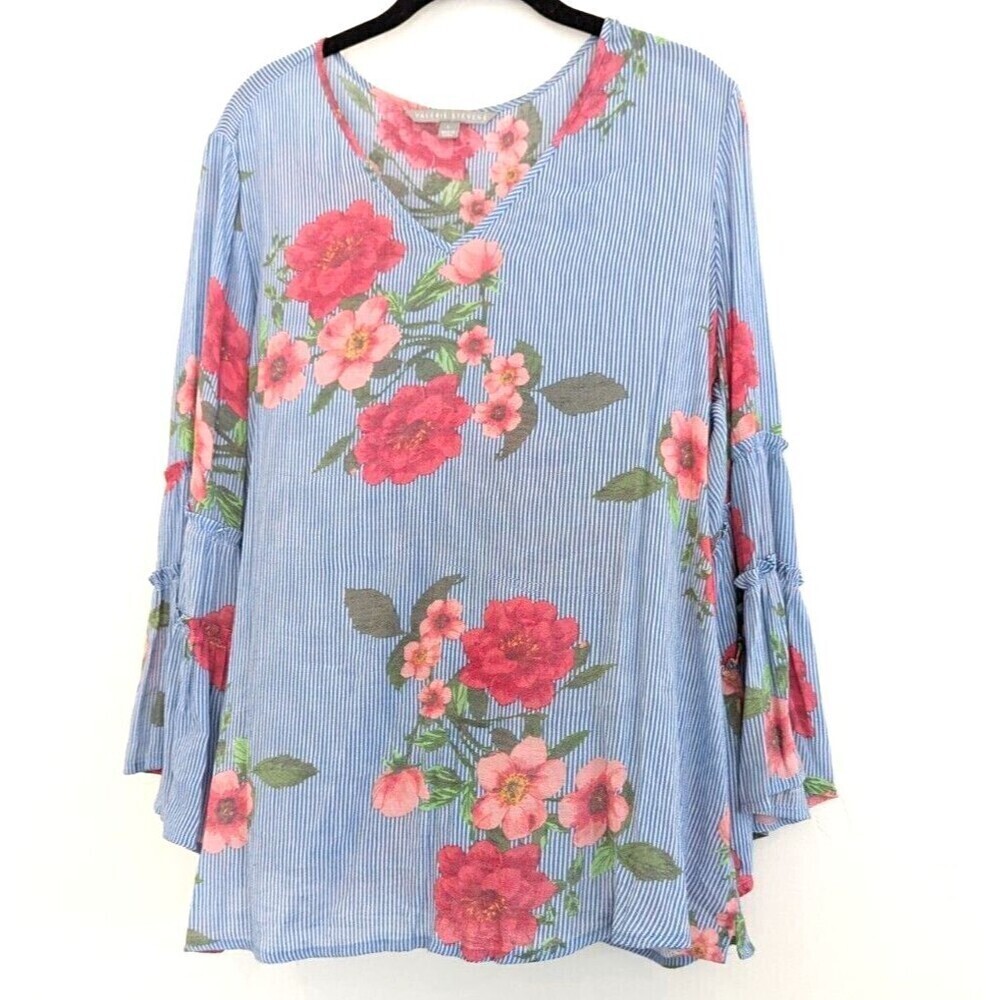 Valerie Stevens Blouse Womens Size L Blue Floral Striped Flowy Boho Hippie Top - Picture 1 of 9